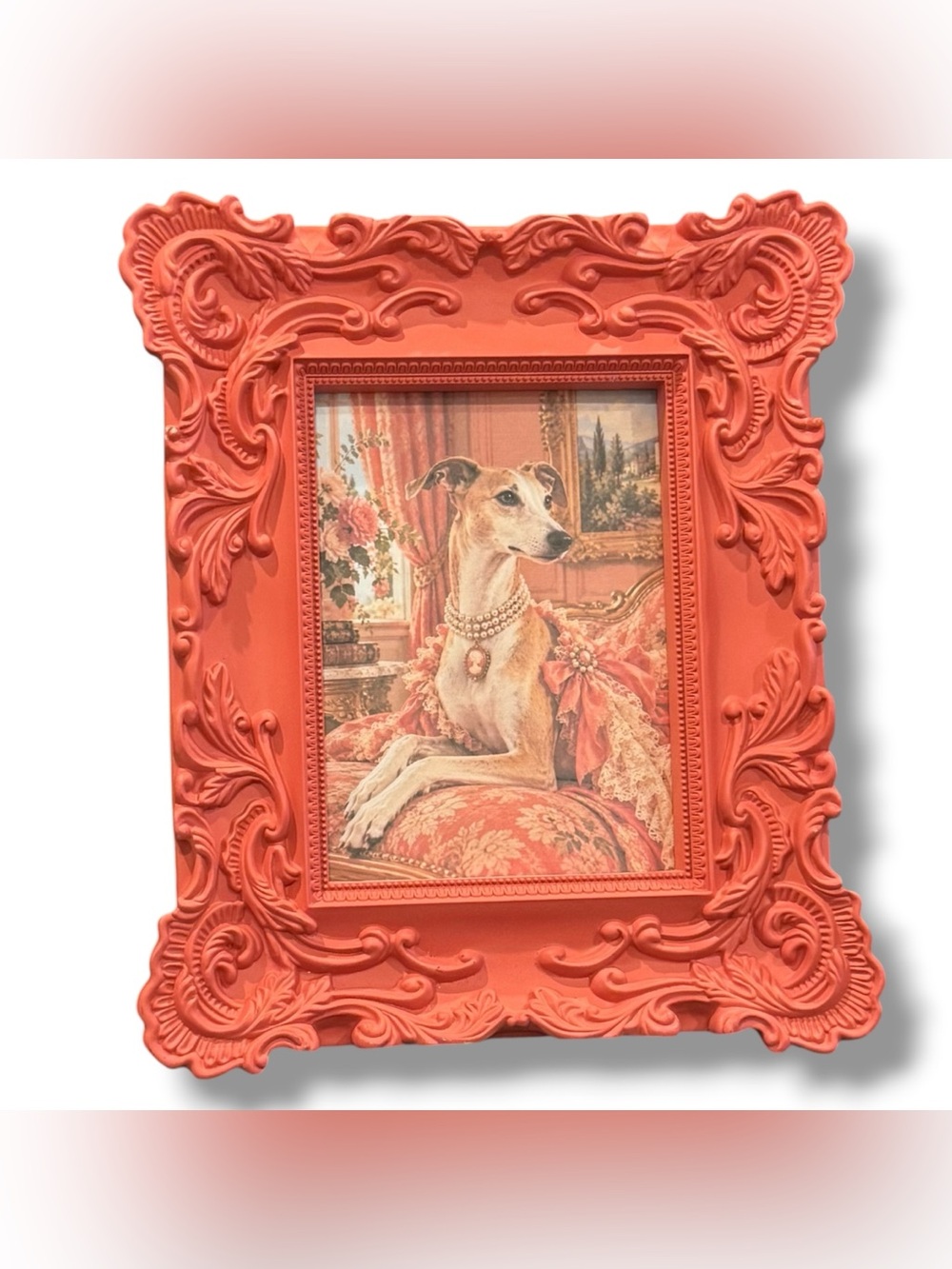 Ornate Coral Rococo Picture Frame Regal Whippet Dog Portrait Cottagecore Decor